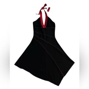 Taboo Black Halter Midi Dress with Red Trim and an Asymmetrical Hem